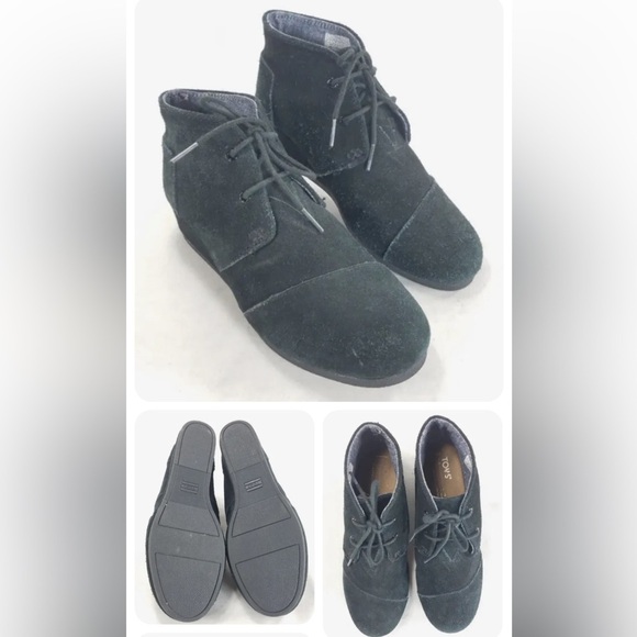Toms Boots Black Ws Sz 6 Fashion Booties Suede Leather Wedge Desert Boho Lace Up - Picture 15 of 15